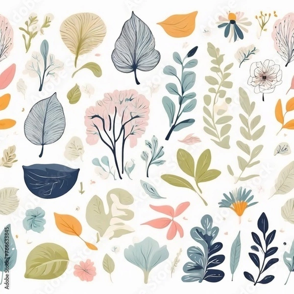 Fototapeta A collection of seamless pattern, colorful abstract plants and flowers. Hand drawn Collection of leaves and flowers. A close up of a pattern of flowers and leaves.
