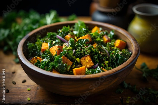 Fototapeta Nutrient packed Sweet potato and kale salad in a bowl. Generated AI