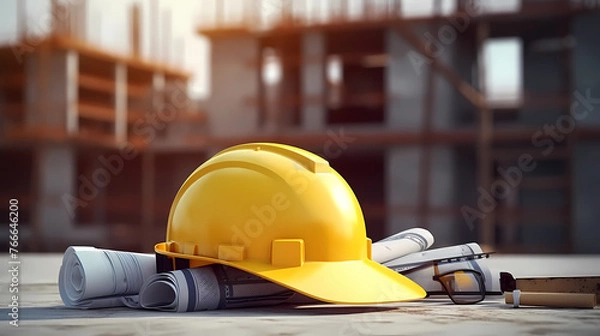 Fototapeta Construction site worker yellow safety helmet