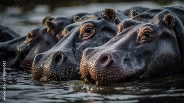 Fototapeta Group of hippopotamus in the water.