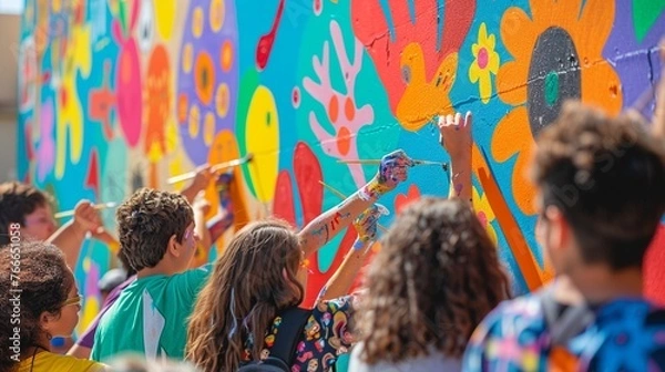 Fototapeta Illustrate the impact of art outreach programs by showcasing a vibrant mural being painted by community members of all ages, as seen from behind Emphasize the sense of unity, self-expression, and crea