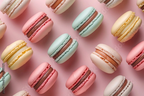 Fototapeta An aerial view of a collection of multicolored macaron cookies arranged neatly against a pink background.
