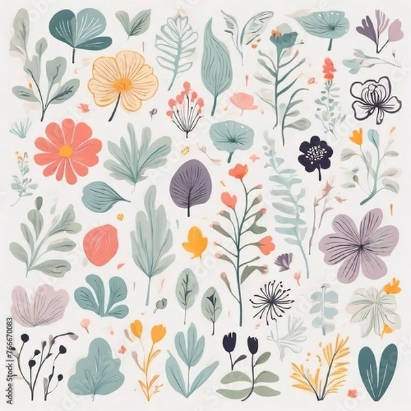 Fototapeta A collection of seamless pattern, colorful abstract plants and flowers. Hand drawn Collection of leaves and flowers. A close up of a pattern of flowers and leaves.

