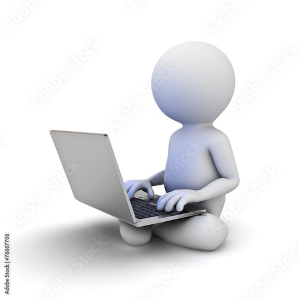 Obraz 3d man sitting on ground and using laptop computer on his lap