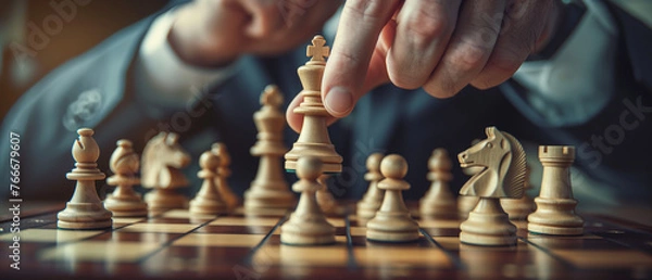 Fototapeta Strategic businessman making a king move in chess, illustrating vision, leadership, and strategic planning in a high-stakes business environment, emphasizing critical decision-making skills
