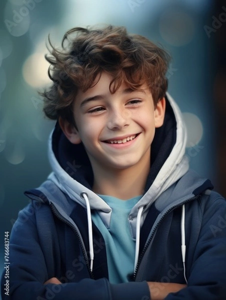 Fototapeta high school teenage boy student with a gadget in his hands. smartphone or tablet for online learning