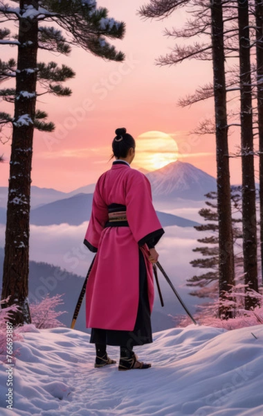 Fototapeta Samurai from behind, sunset