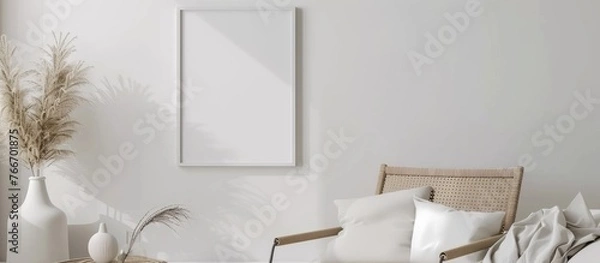 Obraz A photo frame on a white wall in a modern Scandinavian styled living room with an empty copy space for artwork. Depicts home staging and minimalistic design.
