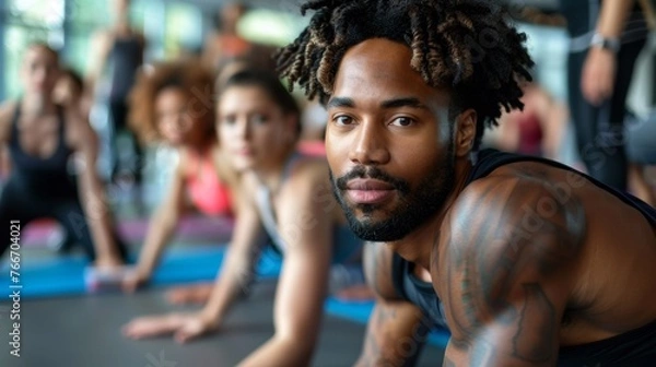 Fototapeta A man with dreadlocks doing yoga poses in a gym, AI