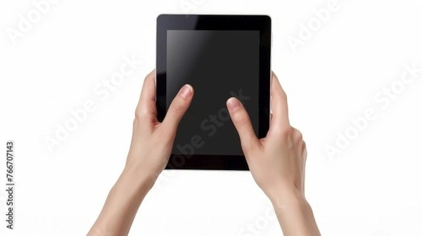 Fototapeta Hands touching black tablet screen, isolated on white background