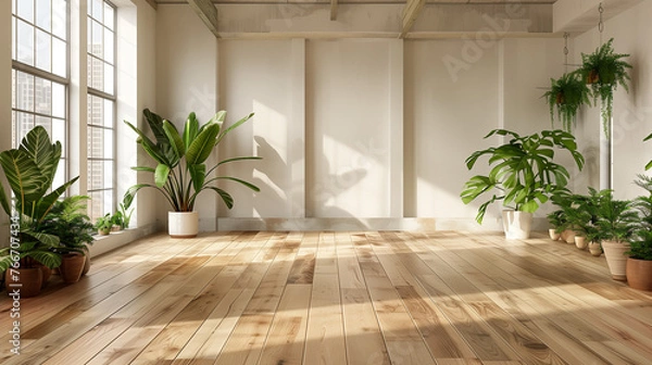 Obraz Empty Apartment Mockup: Modern Loft with Wooden Floor and Plants

