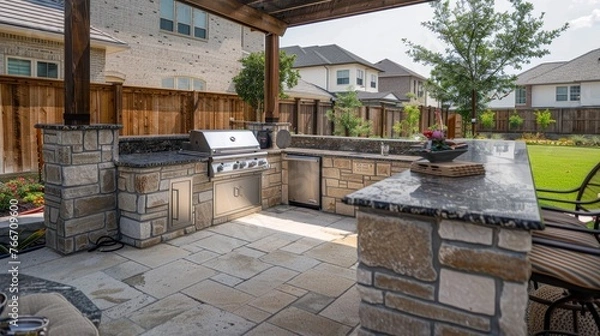 Fototapeta Outdoor kitchen with a built-in grill and dining area   AI generated illustration
