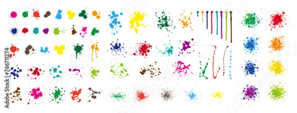 Fototapeta Colorful Ink drops and splashes vector set. Liquid paint drip drop splash and ink splatter.