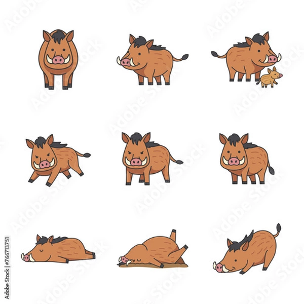 Fototapeta Set of cute wild boar vector illustration in cartoon style.