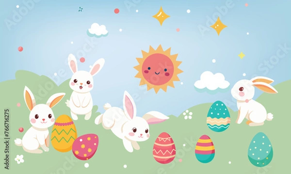 Fototapeta Easter Egg Delight: A vibrant spring scene with colorful eggs nestled in grass and a basket, surrounded by flowers and a cheerful bunny