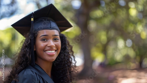 Fototapeta Happy young melanated girl at a graduation ceremony room for text copy space