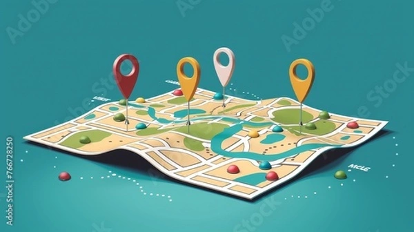 Obraz A basic illustration of a map with pins marking various travel destinations AI generated illustration