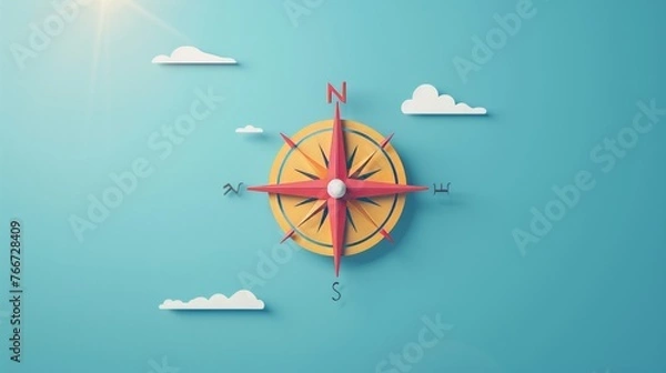 Fototapeta A minimalistic depiction of a compass pointing towards a sunny destination  AI generated illustration