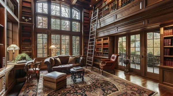 Fototapeta Elegant home library with a sliding ladder AI generated illustration