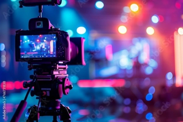 Fototapeta Professional video camera against multicolored lights backdrop
