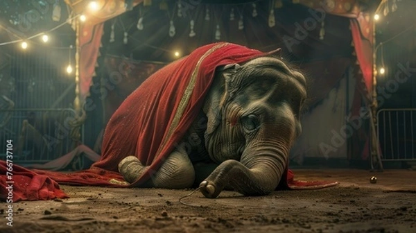Fototapeta Sad elephant wearing clothes suffering in circus captivity