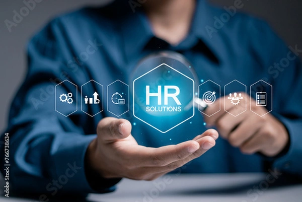 Fototapeta HR Solutions concept. Businessman holding human resources solutions icons on virtual screen for human resources management tool used to manage employee information in organization.