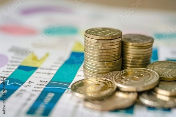 Fototapeta Bitcoin coin stacks on finance charts