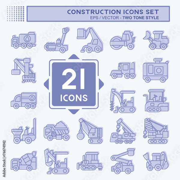 Fototapeta Icon Set Construction Vehicles. related to Construction Machinery symbol. two tone style. simple design editable. simple illustration
