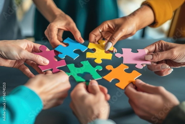 Fototapeta Hands join puzzle pieces,  putting the jigsaws team together, business concept