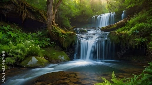 Fototapeta waterfall in the forest "Experience the breathtaking beauty of a cascading waterfall, surrounded by lush greenery and vibrant wildflowers. The water glistens in the sunlight, creating a mesmerizing di