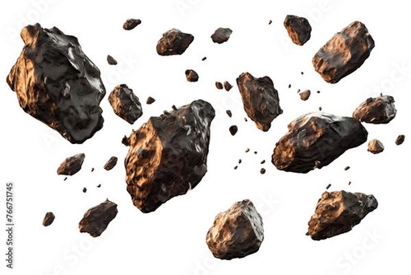 Fototapeta Falling group of Asteroids PNG meteor debris rocks isolated on a white and transparent background - astronomy solar system asteroids shower celestial bodies universe space advertisement
