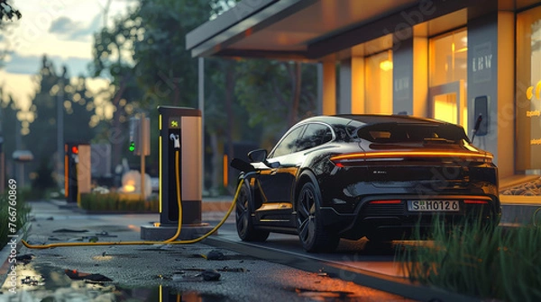 Fototapeta A digital rendering of an electric car charging at a UHD charging station, highlighting advancements in sustainable mobility