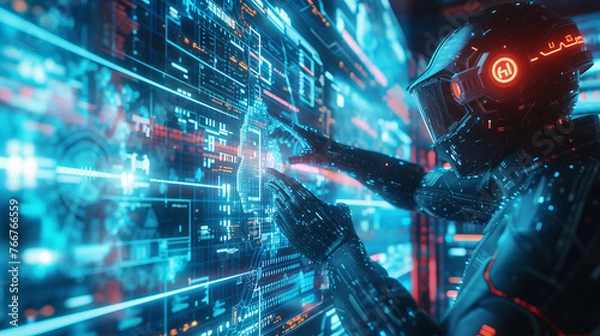 Fototapeta A futuristic depiction of a cybersecurity professional deploying advanced AI and machine learning algorithms to protect against cyber threats, AI Generative