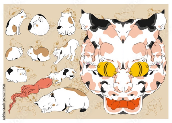 Obraz 歌川芳藤　五十三次之内猫之怪　歌川国芳　猫飼好五十三疋のスタンプイメージイラスト