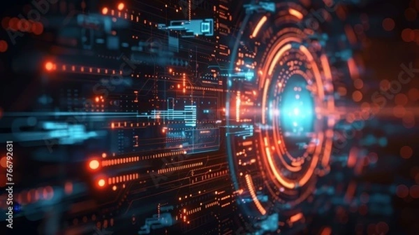 Obraz An abstract representation of futuristic digital security measures with technological symbols and icons