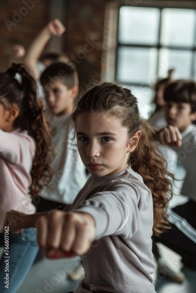 Fototapeta A young girl with a serious expression, wearing a white shirt, stands confidently with a group of children, demonstrating self-defense moves, symbolizing empowerment