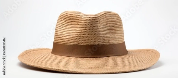 Fototapeta A straw fedora hat with a brown band, perfect for sun protection in a stylish way. The contrasting colors of wood and white create a fashionable accessory