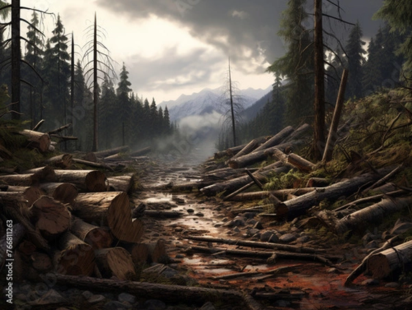 Fototapeta cutting down the forest in the morning , created with Generative AI technology