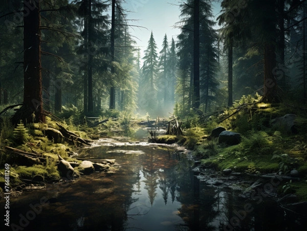 Fototapeta cutting down the forest in the morning , created with Generative AI technology