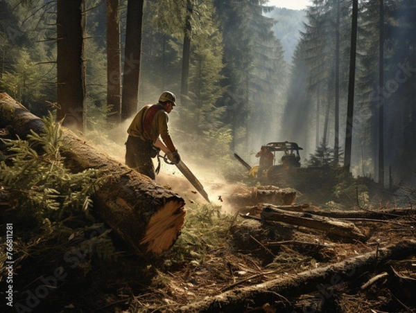 Fototapeta cutting down the forest in the morning , created with Generative AI technology