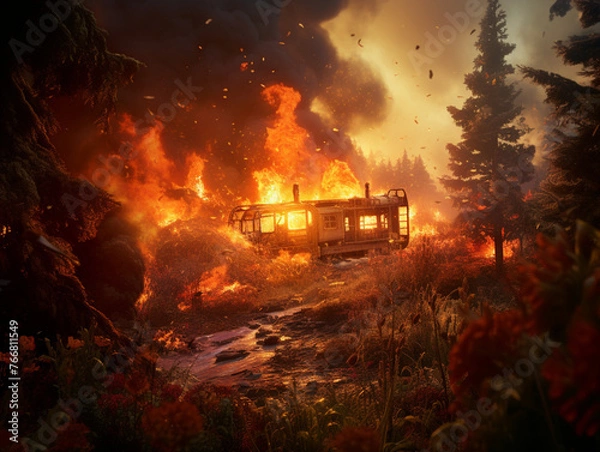 Obraz burning house in the forest, burning trailer in the forest, fire, disaster, nature, created with Generative AI technology