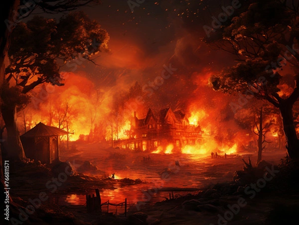 Fototapeta burning house in the forest, fire, disaster, nature, created with Generative AI technology