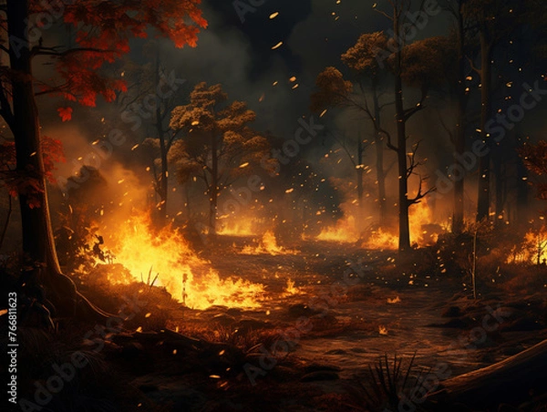 Fototapeta burning forest, fire, disaster, nature, created with Generative AI technology