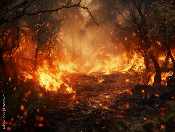Fototapeta burning forest, fire, disaster, nature, created with Generative AI technology