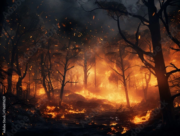 Fototapeta burning forest, fire, disaster, nature, created with Generative AI technology