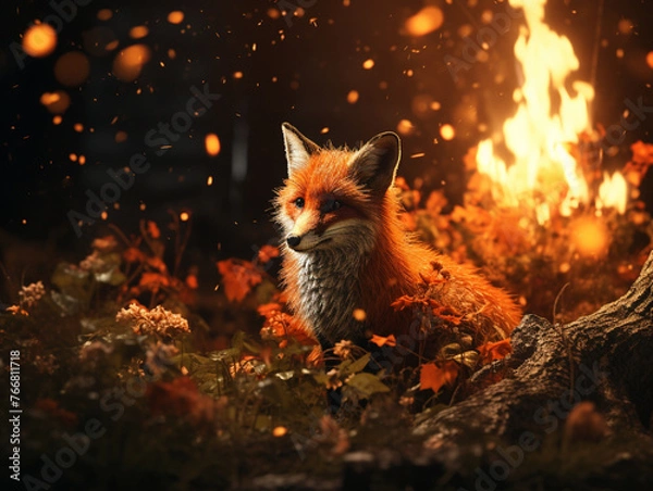 Fototapeta fox during a forest fire, fire, disaster, nature, created with Generative AI technology