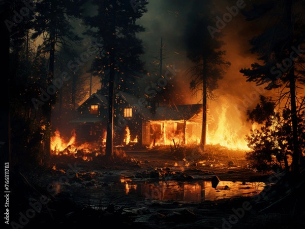 Fototapeta burning house in the forest, fire, disaster, nature, created with Generative AI technology