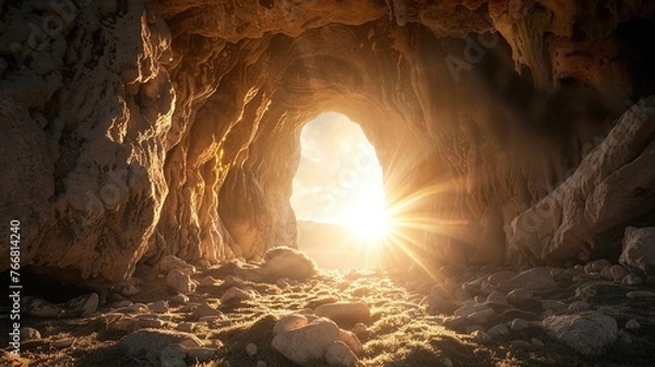 Fototapeta empty tomb with light rays bursting from a rocky cave representing the resurrection of Jesus Christ for Christian Easter