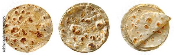 Fototapeta set of three flat bread tortillas clipart on transparent background seen from above 