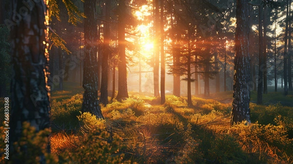 Fototapeta Summer forest path at sunrise and sunset, enveloped in colorful foliage and mist